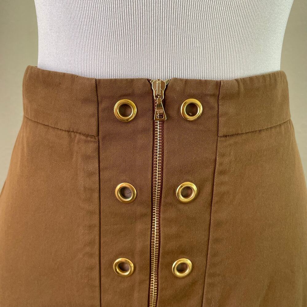 Prada Brown Midi Skirt Gold Grommet Zip Italy Size 46 Minimalist Luxury Classic - Picture 3 of 14